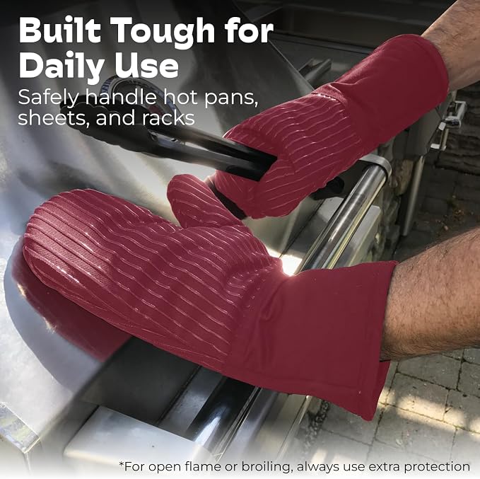 Silicone Oven Mitts - Red Set of 2-12.5" - Heat Resistant to 536 F / 280 C Kitchen Gloves - Professional Grade Protection Hot Cooking Baking