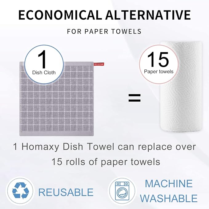 Homaxy 100% Cotton Terry Kitchen Dish Cloths, 12 Pack, Light Grey | Ultra Soft and Absorbent, Suitable for Drying and Washing Dishes