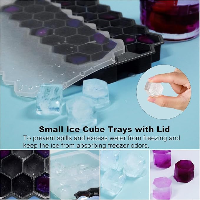 Ice Cube Trays for Freezer with Lid-Silicone Ice Cube Tray with Lid Ice Maker 3 Pack Multicolor, Easy-Release Reusable Ice Cube Coffee Scoop for Coffee Bar Accessories