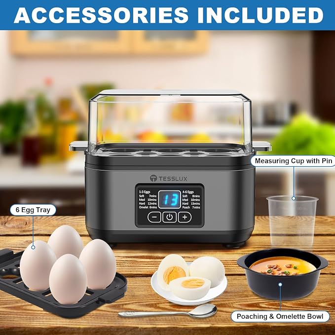 Tesslux Electric Egg Cooker, 6-Egg Boiler for Hard, Soft, Poached, Black | LED Countdown Timer, Touch Control, Poaching Bowl, Omelet Maker, Stainless Steel, Auto Shut-Off, Buzzer Alert, Compact