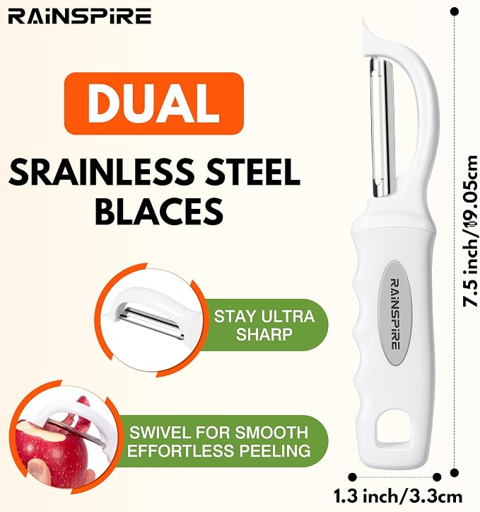 Rainspire Vegetable Peeler Potato Peelers for Kitchen, Sharp Stainless Steel Blades Veggie, Comfortable Handle Fruit Peeler, Carrot Peeler Apple Peeler Dishwasher Safe (2, White)
