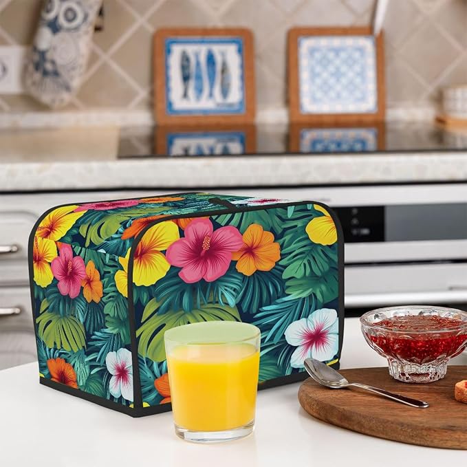 4 Slice Toaster Cover Tropical Plam Flower Toaster Covers Four Slice Wide Slot Waterproof and Dustproof Covers for Wide Slot Toasters and Small Appliances Kitchen Decor Gifts