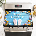 Happy Easter Bunny Ears Blue Wood Stove Top Cover for Electric Stove, Glass Cooktop Protector Mat with Anti-Slip Rubber Base, Scratch-Resistant, Expands Counter Space, Holiday Decor