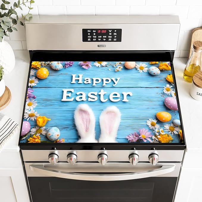 Happy Easter Bunny Ears Blue Wood Stove Top Cover for Electric Stove, Glass Cooktop Protector Mat with Anti-Slip Rubber Base, Scratch-Resistant, Expands Counter Space, Holiday Decor