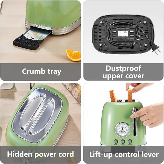 Wiltal Green Cute Retro Toaster 2 Slice with 1.58" Wide Slots, with Stainless Steel Lid, with Warming Rack, Preheat, Defrost, Countdown Timer Display