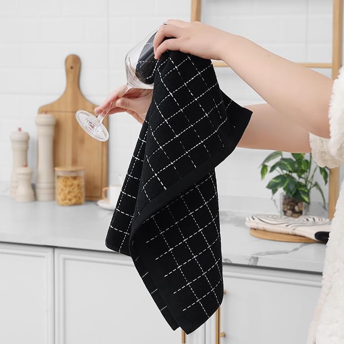 Homaxy 100% Cotton Terry Kitchen Towels, Large 4 Pack, Black | Ultra Soft and Absorbent Dish Towels for Kitchen, Suitable for Drying and Washing Dishes