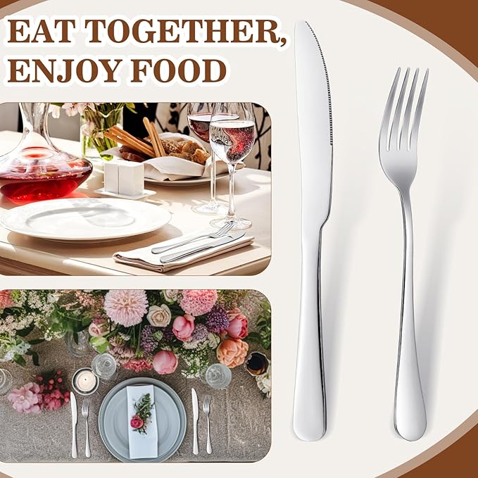 Nuenen 50 Fork Knife Set,8.07 x 0.94 Inch, 9.06 x 0.79 Inch,Shiny Silver | Stainless Steel Flatware, Kitchen Restaurant Dinner Silverware, Durable Party Catering Use, Mirror Polished Finish