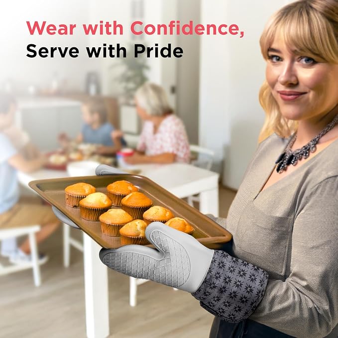 Kitchen Mama UltraShield Silicone Oven Mitts, Gem Gray | Heat Resistant, Non-Slip Surface, Waterproof, Flexible, Durable