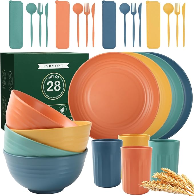 PYRMONT Wheat Straw Dinnerware Sets Unbreakable Dish Set for 4 Dishwasher & Microwave Safe Plates and Bowls Sets 28 PCS Alternative Plastic Dishes Set for Camping,Picnic,BBQ-Colorful