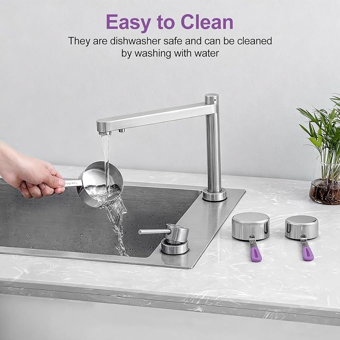 Bopei Measuring Cups and Spoons Set Stainless Steel 10 Piece for Cooking and Baking (5 Cups + 5 Spoons, Purple Handle)