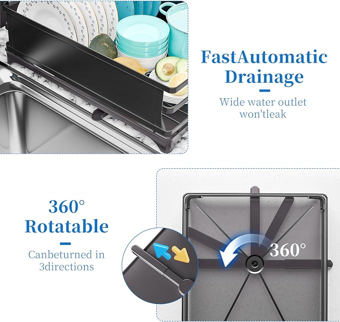 Simple Trending Dish Drying Rack for Kitchen Counter, 11.7" x 16.5", Black | Stainless Steel Dish Rack for Kitchen Counter, Dish Drainer with Cutlery & Cup Holders, Anti-Rust, Counter Space Saving