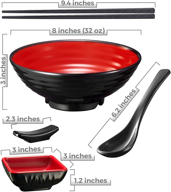 Unbreakable Ramen Bowl Set with Chopsticks and Spoon: 1 large Japanese Style Melamine Ramen Bowl, Dipping Bowl and Chopsticks and Stand for Asian Pho Soup Thai Miso Udon Wonton (1 Bowl Set, Red-Black)