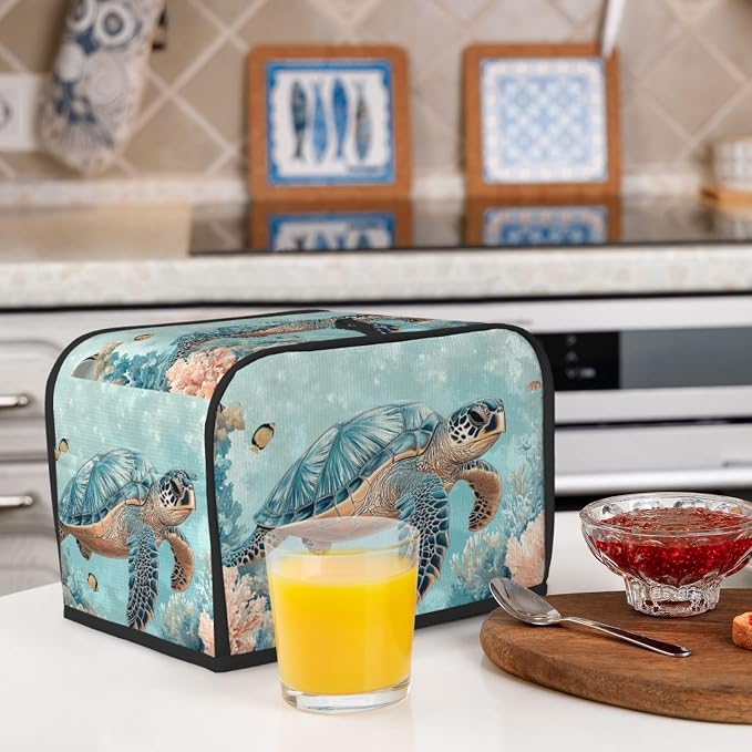 2 Slice Toaster Cover Turtle Sea Coral Ocean Dust Proof Washable Kitchen Appliance Cover with Pocket, Oxford Fabric Countertop Toaster Protector for Standard Toasters Small Appliances