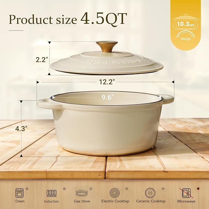 Overmont Enameled Cast Iron Dutch Oven - 4.5QT Pot with Lid Cookbook & Cotton Potholders - Heavy-Duty Cookware for Braising, Stews, Roasting, Sourdough Baking Cream White