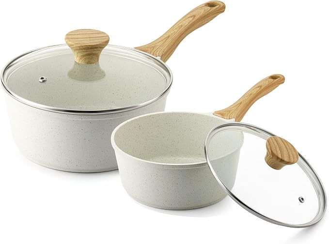 SENSARTE White Ceramic Nonstick Saucepan with Lid Set, Small Cooking Pot with Stay Cool Handle, Induction Compatible Saucepot, White Granite Coating, PFOA/PFAS Free, 2.0 + 2.5QT | Cooking Pot with Stay Cool Handle, Induction Compatible Saucepot, White ...