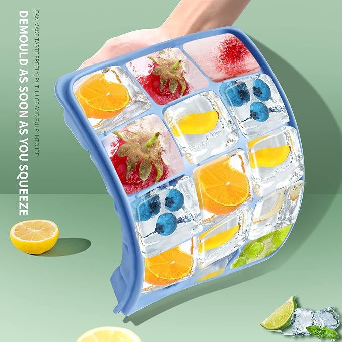 Tvmania Ice Cube Trays Set of 2, 15-Cube Silicone Molds with Removable Lids | Stackable, easy release, BPA-free, reusable, for freezer and whiskey