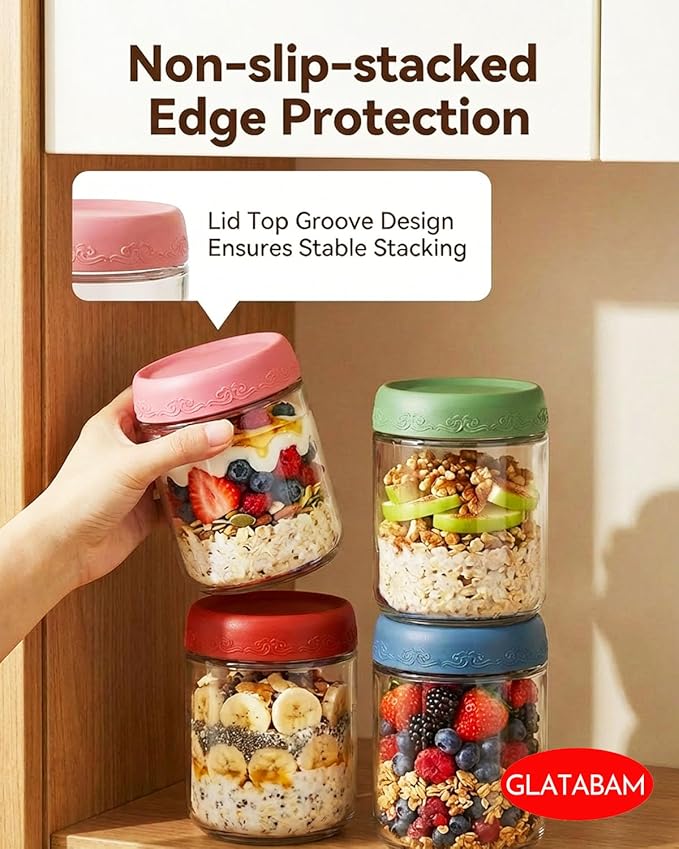 16 OZ 4Pack, Overnight Oats Jars with Lids, Glass Meal Prep Containers, Airtight Mason Jars for Breakfast, Yogurt Parfait, Salad & Smoothies, Leakproof and Reusable Food Storage Jars(4-1)