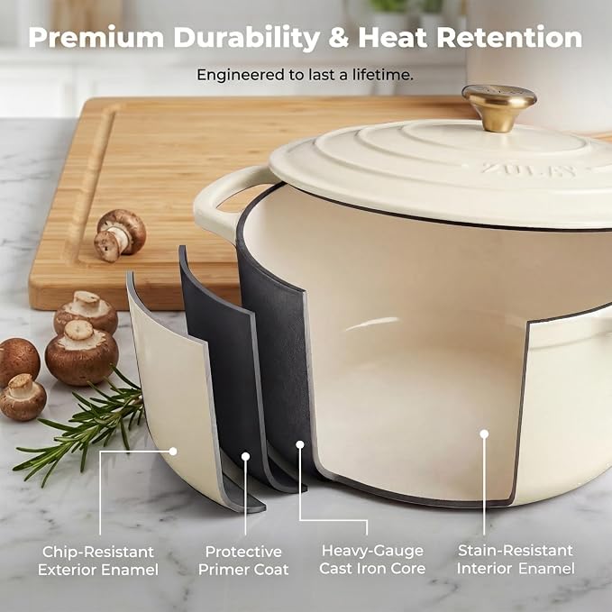 Zulay Kitchen 5 Quart Enameled Cast Iron Dutch Oven Pot with Lid – Premium Durability & Oven Safe up to 500°F – Heavy Duty Cookware Perfect for Bread Baking, Stews, Braising & Roasting – Ivory