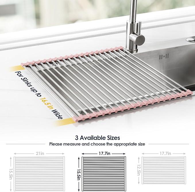 Tomorotec Roll Up Dish Drying Rack Over Sink, 304 Steel, 17.7x15.5, Pink | Anti-Slip Silicone Rims For Grip, Heat-Resistant Trivet Mat Holding Heavy Cookware, Rustproof Kitchen Counter Space Saver