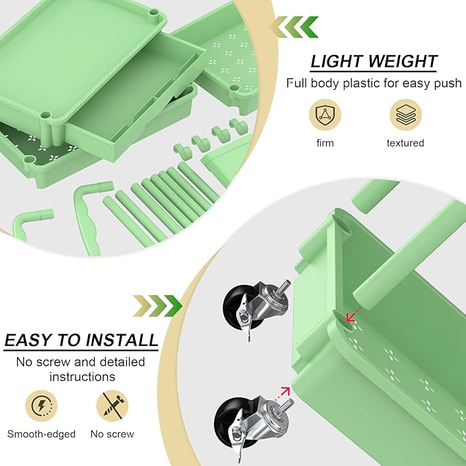 Goovilla 3 Tier Rolling Utility Cart Organizer with Removable Drawer, Green | Stable and Sturdy Rolling Storage Carts with 2 Lockable Wheels for Bathroom, Kitchen, Snack, Craft, Makeup, Baby Essentials