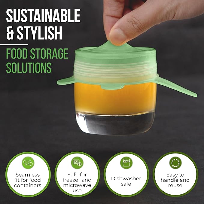 Reusable Silicone Stretch Lids for Food Storage in Fridge - Elastic Heat-Resistant Bowl Covers, Cups, Cans, Jars - Universal Food Grade Lid for Containers - 7 Pack - Light Green Stretchy Lid Set