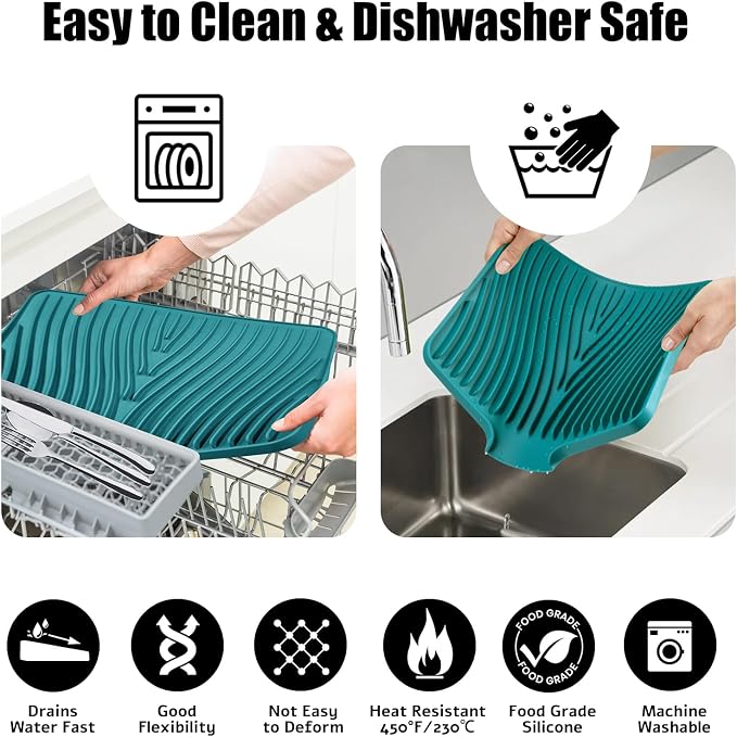TIKNIK Silicone Dish Drying Mat for Kitchen Counter, Green-1pcs, 20" x 15" | Heat Resistant & Non-Slip Dish Drain Pad with Built-In Drain, Dishwasher Safe, Quick-Dry, Hangable & Roll-Up for Storage