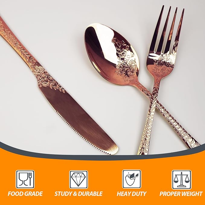 Runfly Modern Carved Floral Rose Gold Stainless Steel 20-Piece Flatware Set | Silverware Set, Vintage Utensil Set, Cutlery Set for Home and Kitchen, with Knife/Fork/Spoon