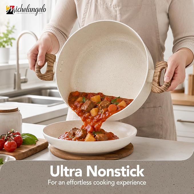 MICHELANGELO Nonstick Cooking Pot - 6 Quart Soup Pot with Lid for Family Meals, Non-Toxic Stockpot with Stay-Cool Handles, Induction Ready, Easy Cleanup, PFOA & PFOS Free