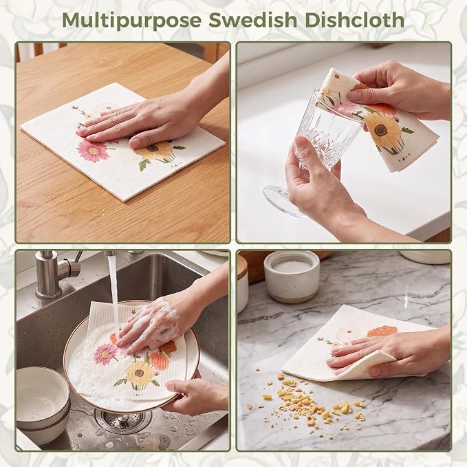 6 Pack Floral Swedish Dishcloths for Kitchen, Absorbent Dish Cloths | Reusable Kitchen Cloth Non-Scratch Cellulose Sponge Cloths with 6 Self-Adhesive Clip for Cleaning Home Kitchen Gift for Host