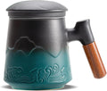ZENS Tea Mug with Infuser and Lid for Loose Leaf Tea Steeper, 15oz Green | Embossed Ceramic Tea Cup with Infuser for Herbal Tea Difussers, Tea Lovers Gifts, Nature Wood Handle