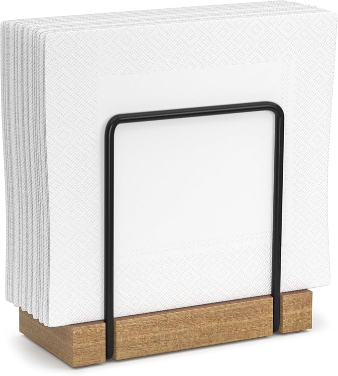 Wican Napkin Holder for Table, Acacia Iron Standing Napkin Dispenser | Kitchen Dining Table Farmhouse Cocktail Picnic Rustic Wood Holders, Mail, Suitable Dining Room Decors, Acacia and Matte Black