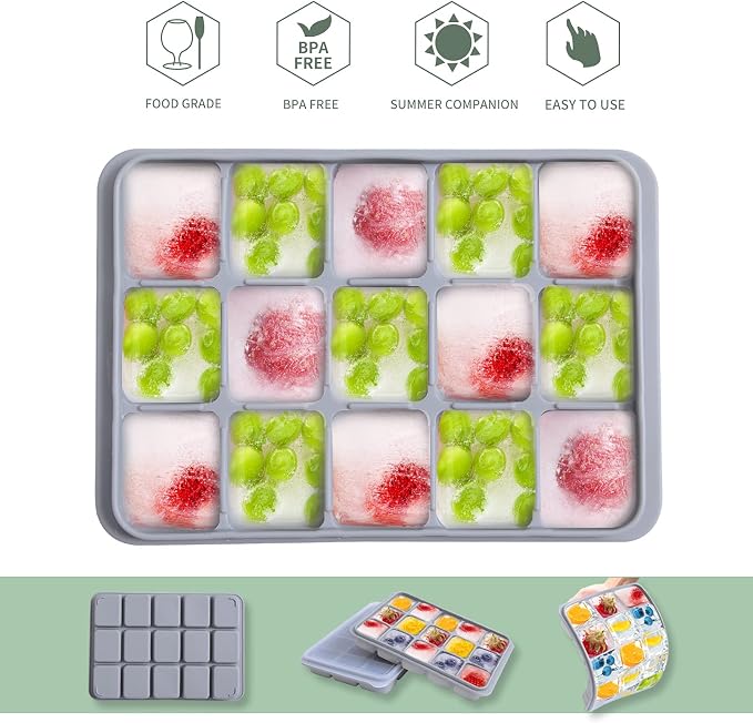 Tvmania Ice Cube Trays Set of 2, 15-Cube Silicone Molds with Removable Lids | Stackable, easy release, BPA-free, reusable, for freezer and whiskey