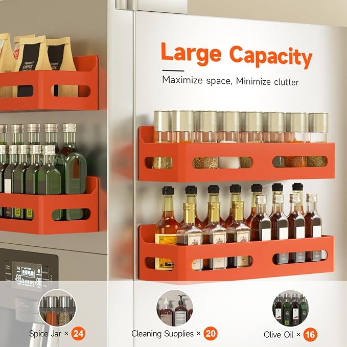 4-Pack Magnetic Spice Rack for Refrigerator with Hooks, Orange | Strong multipurpose magnetic shelf for kitchen & bathroom organization. Includes 4 removable hooks for hanging items.
