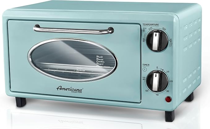 Elite Gourmet ETO147M Retro Diner Toaster Oven, Fits 8" Pizza, 1000W, Mint | 60-Min Adjustable Timer & Temp Control, Bake & Toast functions, 2-Slice, Countertop Design, Americana Collection