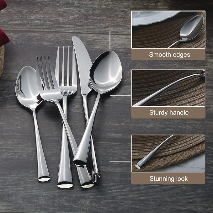 Alata Bailey 45-Piece Forged Silverware Set Stainless Steel Flatware Set with Utensil-Serving Set, Service for 8, Mirror Polished Cutlery Set, Dishwasher Safe