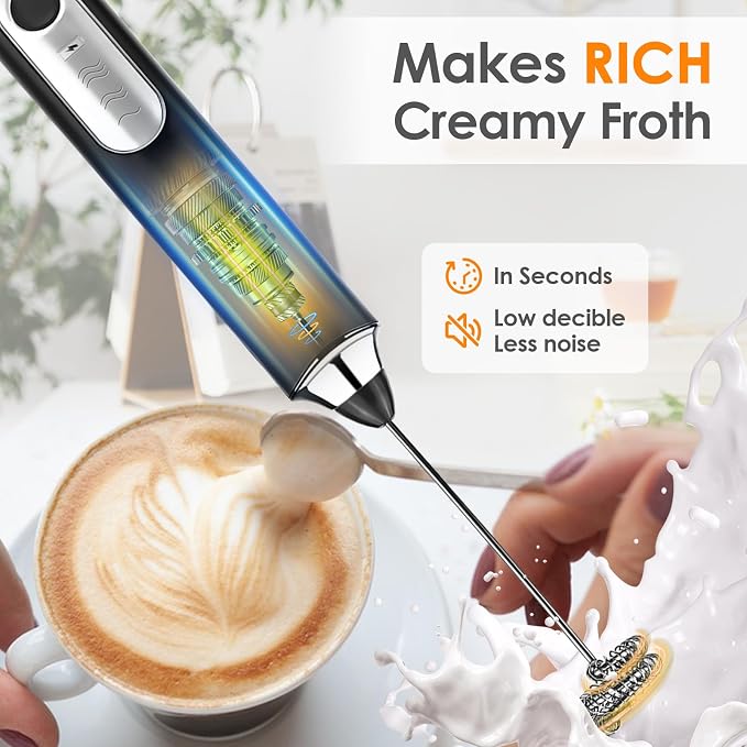 Milk Frother Handheld, Rechargeable Coffee Frother Wand, Drink Mixer, Black | Electric Foam Maker with 2 Stainless Whisks 3 Speeds, Hand Mixer for Lattes, Cappuccino, Matcha, Egg