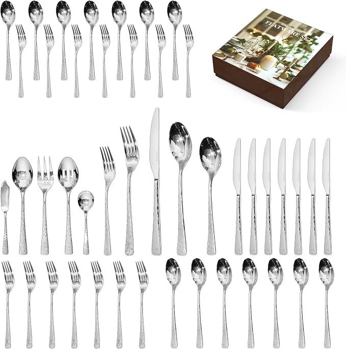 Silverware Set with Serving Utensils, 45 Piece Flatware Set, 18/10 Steel | Hammered Ripple Handles, Serving Utensils, 18/10 Steel, Dishwasher Safe, Rust Resistant, Gift Box, for Weddings & Parties