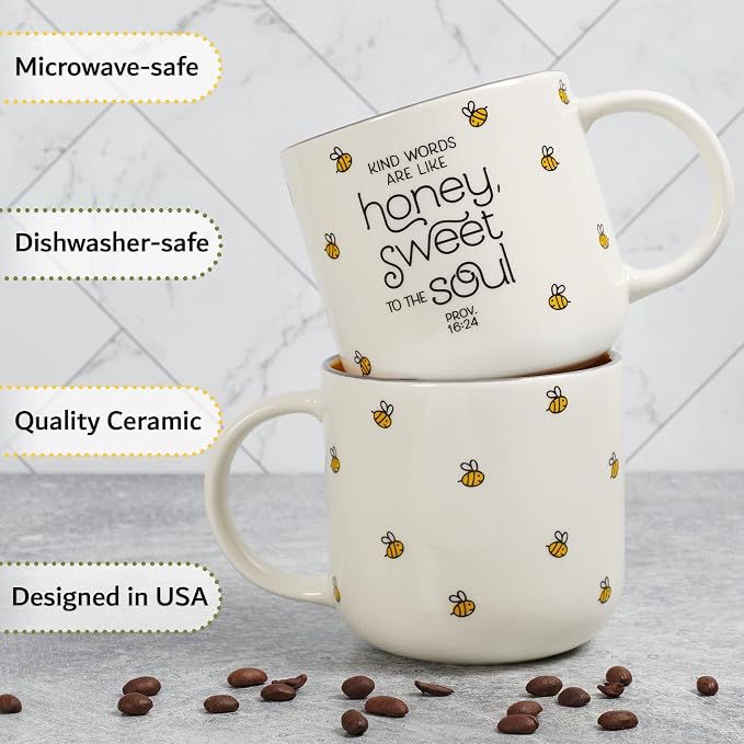 Christian Art Gifts Large Ceramic Coffee & Tea Mug for Women: Kind Words are Like Honey Inspirational Bible Verse, Cute Microwave/Dishwasher Safe Bumble Bee Cup, Yellow/White, 15 oz.