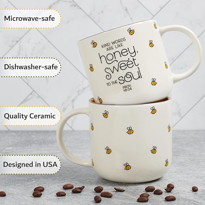 Christian Art Gifts Large Ceramic Coffee & Tea Mug for Women: Kind Words are Like Honey Inspirational Bible Verse, Cute Microwave/Dishwasher Safe Bumble Bee Cup, Yellow/White, 15 oz. (Pack of 2)