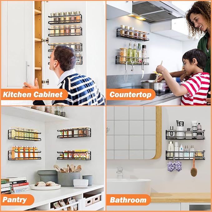 Bunoxea Spice Rack Wall Mounted 4 Pack, For Spice Jars & Seasonings,Black | 4 Removalble Hooks,Screw or Adhesive Hanging, Space-Saving,For Kitchen Cabinet, Pantry Door,Stove,RV Use,11.41x2.75x2.75in