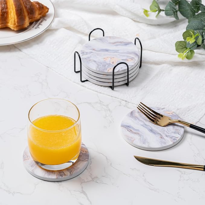 6Pcs Absorbent Coasters Set with Holder,Ceramic Drink Coaster,4 in（A8） | Marble Style Ceramic Drink Coaster,Suitable for Kinds of Cups,Modern Style Coaster for Coffee Table
