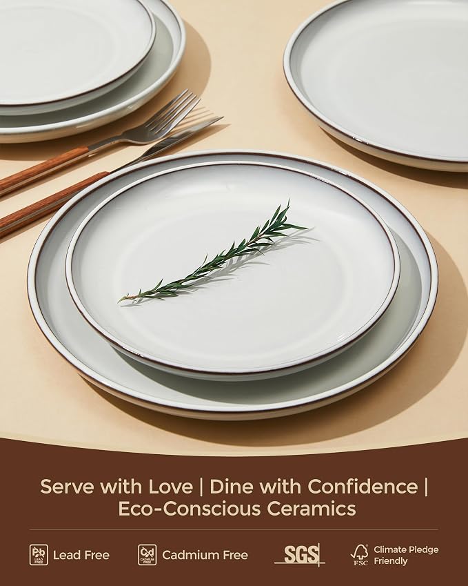 12 piece Santorini Mist Terracotta Reactive Glaze Plates and Bowls Sets, Stoneware Dinnerware Sets, Microwave and Dishwasher Safe Ceramic Dish Set Service for 4, Moonstone White
