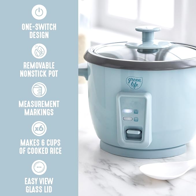 GreenLife Rice Cooker, 3-Cups Uncooked/6-Cups Cooked, Blue Haze | PFAS-Free Ceramic Nonstick Removable Pot, One-Switch Design, Grains Multicooker, Keep Warm, Dishwasher Safe Parts, Easy Clean