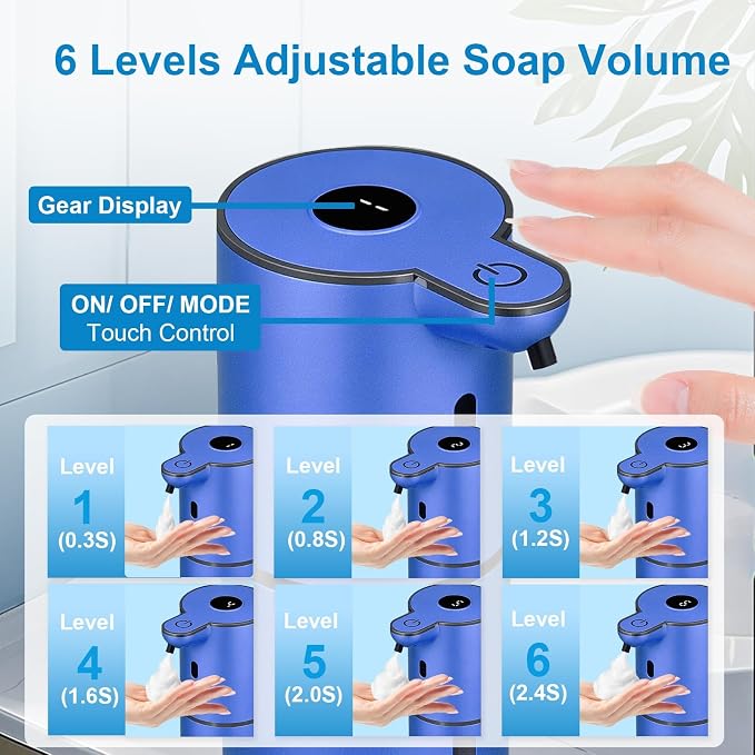 OHIFAST Automatic Foaming Soap Dispenser Touchless, USB Rechargeable Smart Hand Soap Dispenser, 6-Level Adjustable, 12.8oz/380mL Wall Mounted for Bathroom Kitchen Dish Soap-Blue