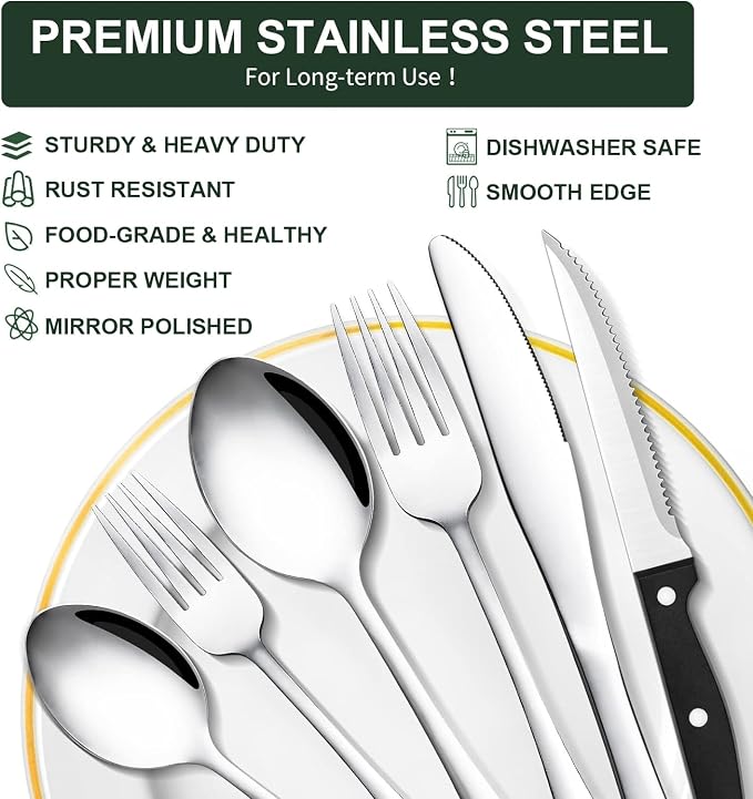 49-Piece Silverware Set with Organizer, CEKEE Stainless Steel Flatware Cutlery Set Service for 8, Mirror Polished Kitchen Utensils Set with Steak Knives Included Spoons and Forks Set & Tray