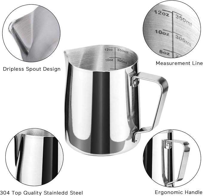 12oz Milk Frothing Pitcher, Stainless Steel Espresso Latte Cup Steaming Pitcher Creamer Cups, Milk Frother Cup Espresso Machine Accessories Barista Tools Jug for Coffee Cappuccino with Latte Art Pen