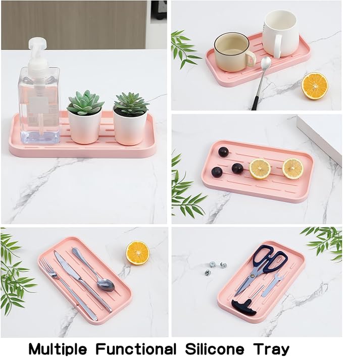 MicoYang Silicone Kitchen Sink Organizer Tray for Multiple Usage,Easy Clean,Eco-Friendly Sponges Holder for Kitchen Bathroom Counter or Sink,Dish Soap Dispenser,Scrubber,Bottle,Cup Pink 10”x 5.3”