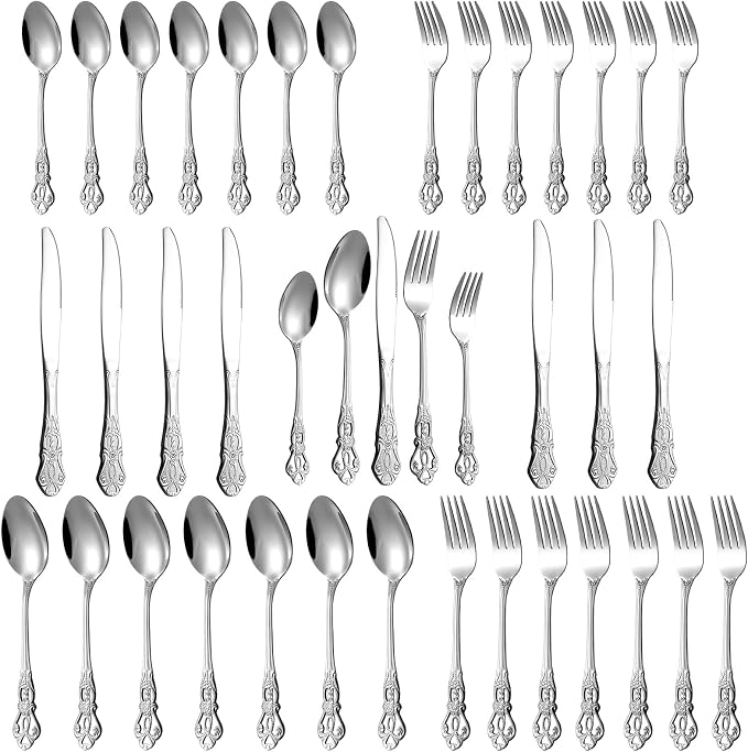 Cididu 40 Pieces Retro Royal Silverware Set for 8, Stainless Steel Flatware Set, Dishwasher Safe Dinnerware Set Including Forks Spoons and Knives, Vintage Cutlery Set for Wedding, Party and Christmas