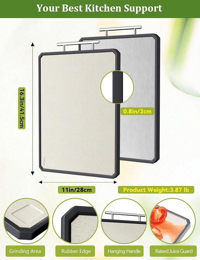 Titanium Cutting Boards for Kitchen, 2 in 1 Non Toxic Cutting Board, Food-Grade Double Sided Pure Titanium & Wheat Straw PP Chopping Board for Meat/Vegetables, Dishwasher Safe Large 16.3”×11-1 PC