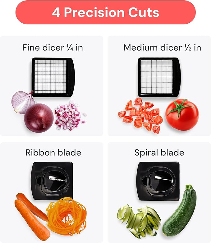 Fullstar Pro Original Vegetable Chopper & Spiralizer, Kitchen Prep Tool | 4 in 1 Veggie Slicer, Onion & Fruit Cutter with Sharp Stainless Steel Blades & Container, All-in-One Food Prep Tool (Black)